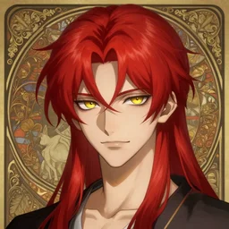 portrait of hisoka morow hunter hunter, male, sharp jaw thin lips yellow eyes narrow sultry soft eyes red hair soft hair swept back crimson medium length hair, anime, fantasy, intricate, elegant, highly detailed, digital painting, artstation, concept art, matte, sharp focus, illustration, art by artgerm and greg rutkowski and alphonse mucha