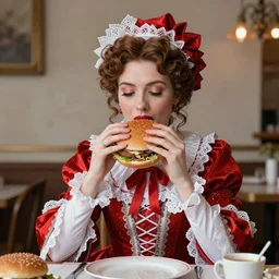 victorian lady eating a burger, full body, intrincate, red and white,  glitter, depth of field, 8k, hyper detailed, trending on artstation