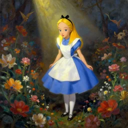 a beautiful painting of alice in wonderland, shining its light across a tumultuous sea of flowers by dorothea tanning and salvador dali, trending on artstation, octane render, high detailed, human : - 2, blur : - 2, depth of field : - 2, w 1 9 2 0, h 1 0 8 0