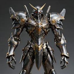 hyper realistic glorious ancient wargreymon in a obsidian metal armor, futuristic design, designed by makoto kobayashi and luca zampriolo, portrait, cyberpunk style, wood and gold details, intricate, extremely detailed, ornate, deep of field, hard surface, exoskeleton, substance designer metal unreal engine, symmetrically, very detailed.