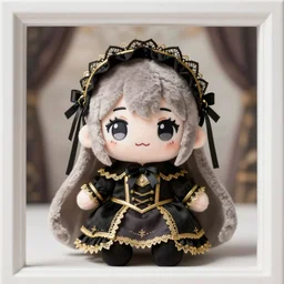cute fumo plush of a gothic maiden in a black and gold uniform, laces and ribbons, soft shadow, anime girl, vray, symmetry, white frame