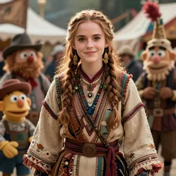 detailed ultrarealistic photography medium shot of dnd fantasy festival ethnic rustic emma watson girl warrior shaman in muppet show cloth, leyendecker, norman rockwell, greg rutkowski, jim henson artstation cinematic, vray