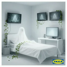 IKEA catalogue photo, ghostly teenager bedroom, screens, TVs, monitors, cables, vines, overgrown, haunted, by Beksiński
