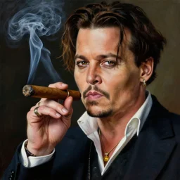 portrait of johnny depp as a mafia boss, smoking a cuban cigar, no hands, amazing detail, award winning, realism painting