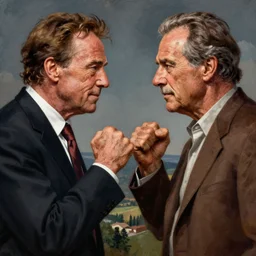 Arnold Schzwarzenegger fights Jack Nicholson painted by norman rockwell and tom lovell and frank schoonover