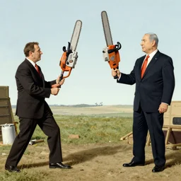 benjamin netanyahu juggling chainsaws, by norman rockwell and michael cheval
