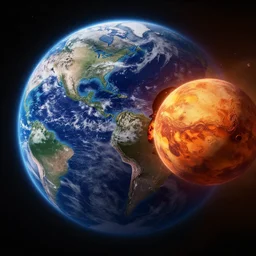 earth planet eating the mars, digital art, au naturel, hyper detailed, digital art, trending in artstation, cinematic lighting, studio quality, smooth render, unreal engine 5 rendered, octane rendered, art style by pixar