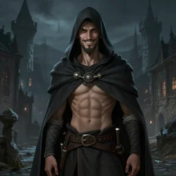 4 0 years old man, skinny, slim : : goatee beard, smiling : : hooded cloak : : medieval city, night, dark, grim, high detail, digital art, rpg, illustration
