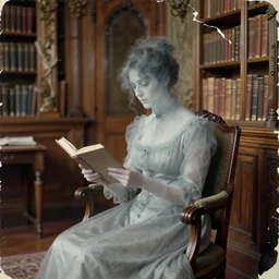 long shot, 1 9 th century photography realistic portrait, eerie transparent ghost of a victorian woman reading in a chair, in well - lit art nouveau library room, torn photograph, photorealistic, 8 k