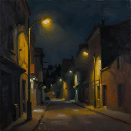 abstract painting, crooked city in the dark, street lights, dramatic
