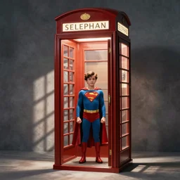 tiny superman in a huge phone booth