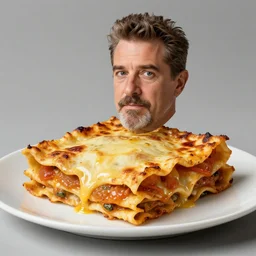 anthropomorphic lasagna that looks like guy fieri, by rembrandt