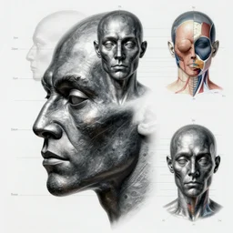 neanderthal face with gunmetal grey skin, thick brow ridge, medical anatomy, very symmetrical face, highly detailed, profile perspective / three - view reference sheet ( front / back / side ), in the style of dan ouellette, steven jung, amanda lilleston, hr giger, sil from species, dren from splice, artstation, unreal engine
