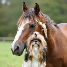 an horse with a shi tzu head, horse dog hybrid