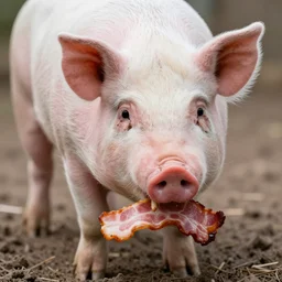a pig eating a rasher of bacon. detailed, realistic,