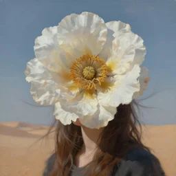 closeup, grande flower head, girl in desert, surreal photography, wind and cold, dramatic sky, impressionist painting, digital painting, artstation, simon stalenhag