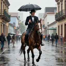 first official image from bond 2 6, starring adam driver as agent 0 0 7, riding a horse through the streets of valparaiso, chile in heavy rain. directed by alejandro inarritu. stunning cinematography, kodak vision 2 0 0 t, high contrast, anamorphic lens, chromatic aberration.