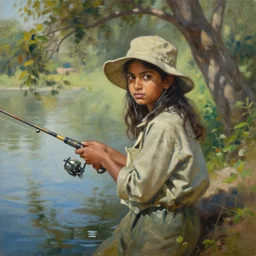 oil painting by ilya kuvshinov,, baugh casey, artgerm craig mullins, coby whitmore, of a youthful indian girl, long hair, fishing and wearing fisherman's outfit, fisherman's hat, highly detailed, breathtaking face, studio photography, noon, intense bounced light, water reflection, large tree casting shadow, serine intense sunlight