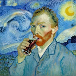 oil on canvas, a fine portrait of vincent van gogh drinking cola, in the stary night style, surprised, detailed
