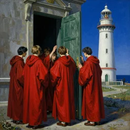 worshippers in red robes belonging to the cult of the lighthouse entering the door of the light house, high detailed beksinski painting, part by adrian ghenie and gerhard richter. art by takato yamamoto. masterpiece, deep colours, blue