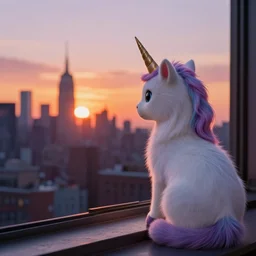 a surreal art of a unicorn cat, watching the sunset over manhattan