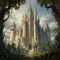 gigantic castle, adorned pillars, towers, gnarly trees, forrest, landscape, alex ross, neal Adams, david finch, concept art, matte painting, highly detailed, rule of thirds, dynamic lighting, cinematic, detailed, denoised, centerd