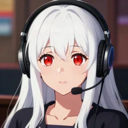 high quality portrait of a white long hair red eyed young cute girl wearing a headset. art by makoto shinkai, crunchyroll, pixiv, danbooru, hd, headshot, cinematic still, detailed anime face, bokeh, digital art, cel shading, vivid colors, ambient lighting