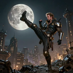 jean - claude van damme kicking the moon, steampunk, detailed bioshock city background, hyper detail