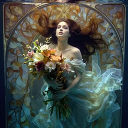 portrait of a beautiful mysterious woman swimming underwater, holding a bouquet of flowing flowers, drenched clothing, long hair flowing in water, hands hidden under the bouquet, swimming upwards, fantasy, regal, intricate, by stanley artgerm lau, greg rutkowski, thomas kinkade, alphonse mucha, loish, norman rockwell