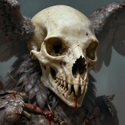 a highly detailed 4 k fantasy matte painting of giant with bird skull. bloody. portrait. closeup. zdzislaw beksinski, artstation, cgsociety, unreal engine