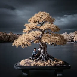 award winning infrared photography of andy lee, strange shaoef bonsai tree on island in lake, moody, dramatic lighting, rule of thirds, long exposure