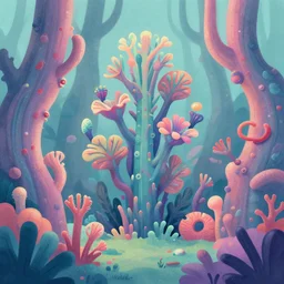 weird alien species of plants forest : : coral leaves strange shapes hallucinogenic flowers fibrous bark crazy colors organic pastel neon and green : : professional gouache codex diagram full page scan rich colored ink 7 0 s magazine halftone highly detailed