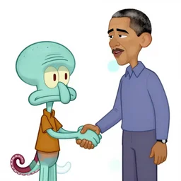 a cartoon illustration of barack obama shaking hands with squidward tentacles