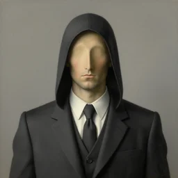 portrait of a faceless hooded man in a suit by rene magritte, detailed painting, distance, centered, hd, hq, high resolution, high detail, 4 k, 8 k