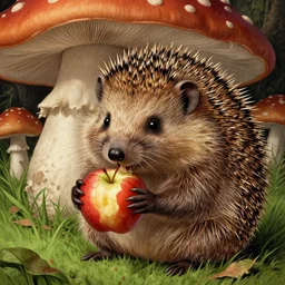 funny hedgehog eatin apple in a grass with big mushroom, character portrait, portrait, close up, concept art, intricate details, highly detailed by greg rutkowski, michael whelan and gustave dore