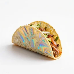 holographic taco, photorealistic, isolated on a pure white background, centered, entire object in frame, sharp focus, soft studio lighting
