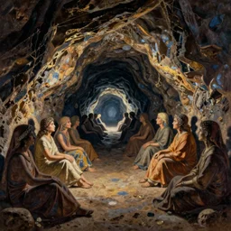 assembly of souls in a dark cave looking toward a light in a tunnel, rassouli painting style,