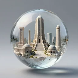 a floating crystal ball full of surreal forgotten monuments
