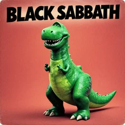 album cover of barney the dinosaur in the style of black sabbath