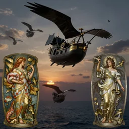flying brigantines at dusk, by Rolf Armstrong and Evelyn De Morgan and Bastien Lecouffe-Deharme, dramatic lighting, high contrast colors, baroque, empyrean, panoramic view, as trending on Artstation, highly detailed, doom engine,
