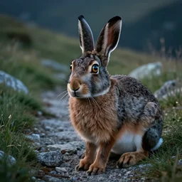 closeup of a hare. rabbit. granite and grass mountain path in avila mountains, 4 k, concept art, by wlop, ilya kuvshinov, artgerm, krenz cushart, greg rutkowski, pixiv. cinematic dramatic atmosphere, sharp focus, volumetric lighting, cinematic lighting, studio quality, detailed hare. hair and fur. eyes reflections
