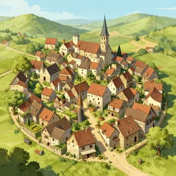 digital art of a small village in medieval France in the style of Deiv Calviz, 4K