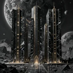 Digital painting of futuristic construction, straight forms, black marble and basalt material, lovecraft another world planet, hyperdetailed, artstation, cgsociety, 8k