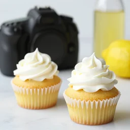 dslr food photography of a lemon cupcake white lemon creme topping and a bottle of lemon sauce on the side, macro shot, hasselblad, 1 0 0 mm f 1. 8, dynamic lightning