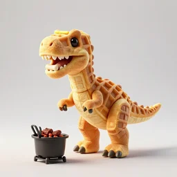 a cg render of a dinosaur made of waffles, barbecuing chewing gum, in a room with neon rainbow color drapes. outside the window a noir future, unreal engine 5, detailed, 8 k