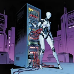 a comic illustration of an android merging with a computer console, the console is tall and imposing, there are many cables on the floor, futuristic, ghost in the shell, cyberpunk, neon colors, art by Moebius and jean giraud and greg rutkowski