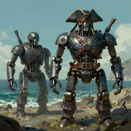 pirate mechanical robots beside the sea, scifi, style by dylan cole, digital art, matte painting, artstation, concept art