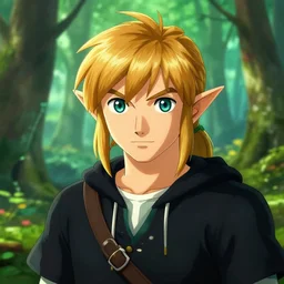 highly detailed portrait of link from ocarina of time, visual contact, hoodie, ringlet hair in a forest by atey ghailan, by greg rutkowski, by greg tocchini, by james gilleard, by joe fenton, by kaethe butcher, gradient green, black, cream and orange color scheme
