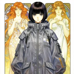 a copic maker manga illustration by yoshiyuki sadamoto and lois van baarle and alphonse mucha of an anime girl highly detailed eyes detailed face wearing a futuristic anorak lots of zippers, pockets, synthetic materials, by issey miyake and balenciaga 8 k