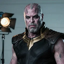 Medium shot portrait of goth Thanos with makeup, facial tattoos, piercings, sneering at the camera, studio lighting, F 1.8, Kodachrome